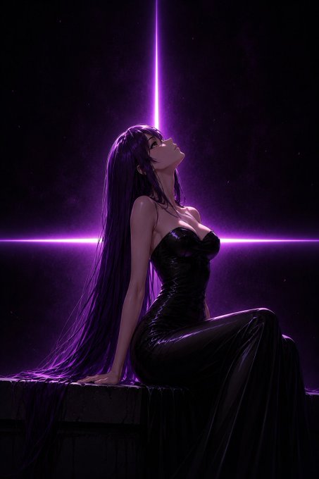 A woman with long flowing dark hair sits on a stone ledge in a black strapless gown, gazing upward toward a glowing purple neon cross against a starry night sky, evoking a serene and spiritual "good night" mood.