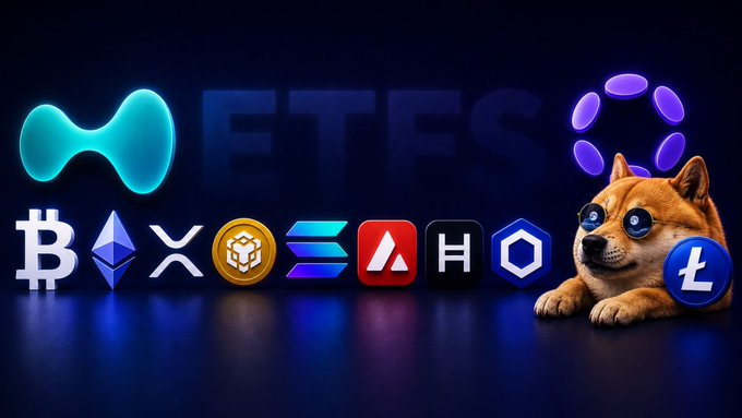A promotional graphic with 'ETFS' text and various cryptocurrency logos (BTC, ETH, XRP, SOL, etc.) alongside a Shiba Inu dog holding a Litecoin (LTC) coin.