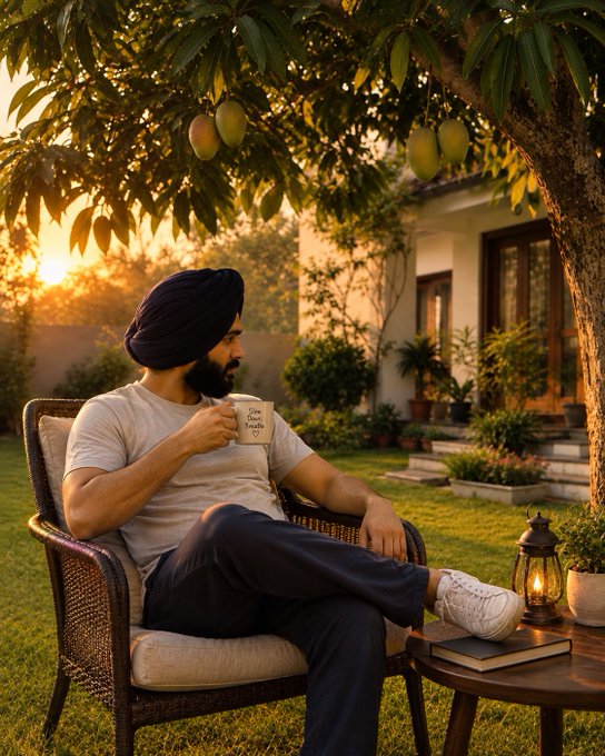 A man wearing a turban relaxing in a chair under a mango tree at sunset, holding a mug with text, alongside a book and a lantern.