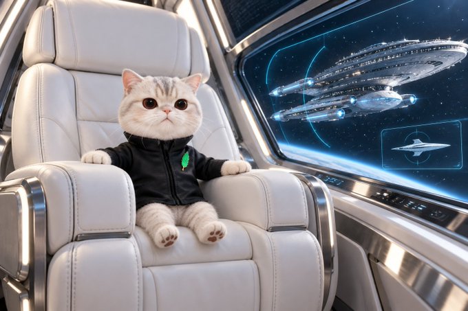 A cute white cat wearing a black jacket sitting in a futuristic spaceship seat with a spaceship visible through the window.
