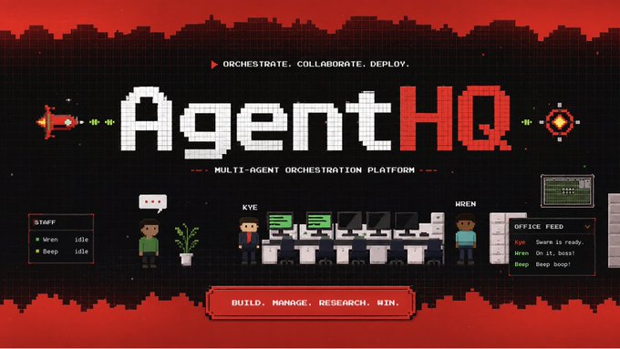 A pixel art promotional graphic for 'AgentHQ - Multi-Agent Orchestration Platform' featuring characters Kyle and Wren with the tagline 'ORCHESTRATE. COLLABORATE. DEPLOY.'