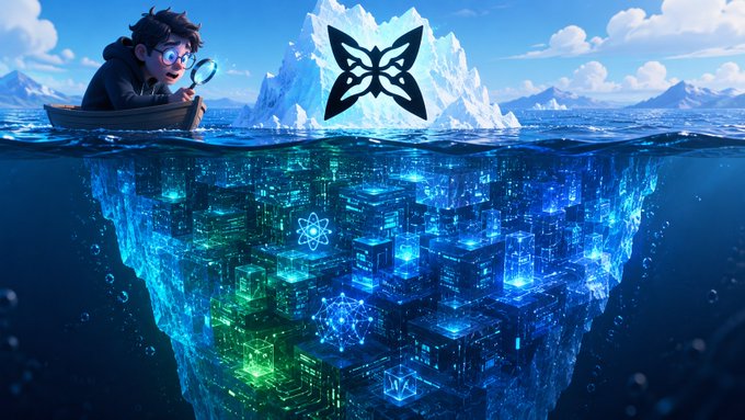 An animated detective peers over the water's surface at an iceberg tip, revealing a massive underwater city of glowing blue and green tech infrastructure beneath. The PostmanVPN butterfly logo hovers above the iceberg, symbolizing how Quip Network's technology extends far deeper than surface-level understanding suggests.