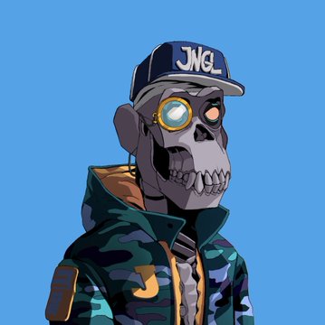 A stylized cartoon skull character wearing a "JNG" cap, gold-rimmed monocle, and camo hoodie is shown, visually representing the "color" and creativity being celebrated in the post's tribute to the 4-year milestone of the @Primatesnft project and its artistic community.