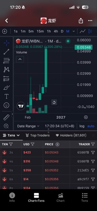 A TradingView mobile chart shows the token 龙虾/WBNB with a recent sharp green candlestick spike on the monthly timeframe (Feb 2027), surging from ~$0.00099 to $0.05348 — a 200%+ gain alongside heavy volume, with recent transactions listed in the $316–$423 range. The image aligns with the post by showcasing a token's explosive price action, illustrating the kind of breakout momentum the user is celebrating in anticipation of an upcoming bull run.