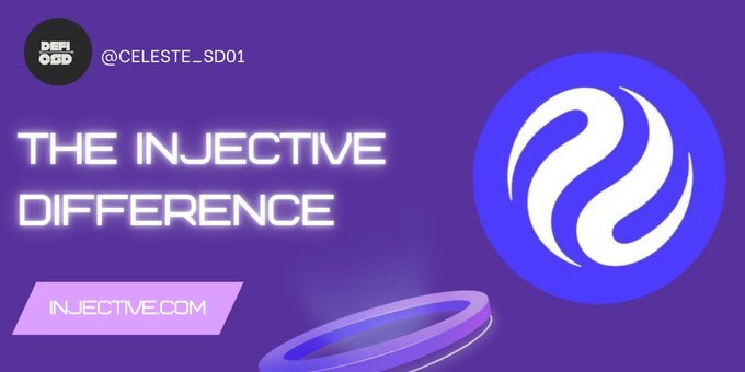 A promotional graphic with purple background reading 'THE INJECTIVE DIFFERENCE' with the @CELESTE_SDO1 handle, the Injective logo, and INJECTIVE.COM displayed.