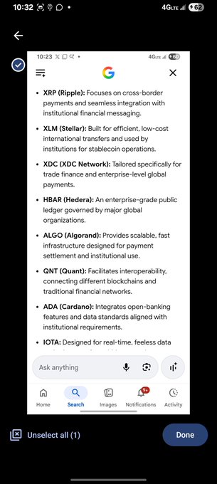 A screenshot of a Google search result listing various cryptocurrencies and their use cases, including XRP (Ripple) for cross-border payments, XLM (Stellar), XDC (XDC Network), HBAR (Hedera), ALGO (Algorand), QNT (Quant), ADA (Cardano), and IOTA, which relates to the post mentioning XRP.