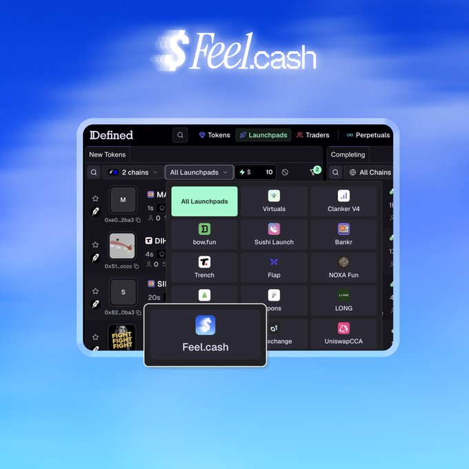 A promotional graphic for 'Feel.cash' showing a cryptocurrency trading interface labeled 'Defined' with tabs for Tokens, Launchpads, Traders, and Perpetuals.