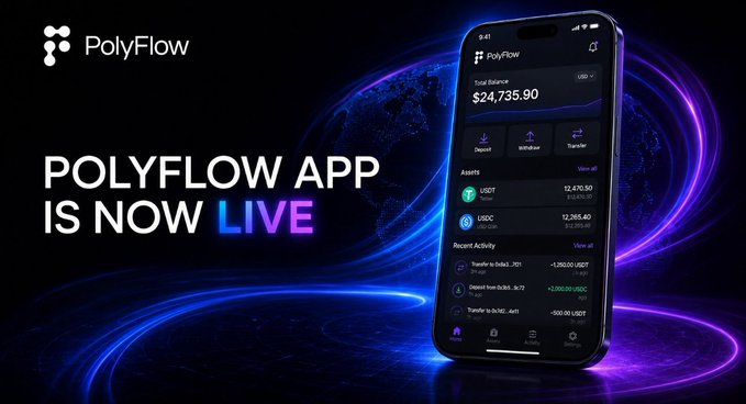 The promotional graphic announces "POLYFLOW APP IS NOW LIVE" with a sleek smartphone mockup displaying a balance of $24,735.90 and showing assets USDT ($12,470.50) and USDC ($12,265.40) alongside recent transaction activity. The image illustrates the post's point about Polyflow PayFi going beyond simple stablecoin QR transfers by presenting a polished, multi-asset payment interface ready for real-world use.