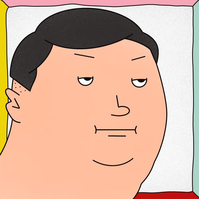 Cartoon illustration of a man with dark hair and a smug expression looking upward, framed by a colorful background.