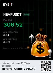 Bybit promotional graphic for NEAR/USDT long position showing entry price 3.53, current price 306.52, and exit price 3.816, with a referral code VV1QX9 for $5,000 bonus.