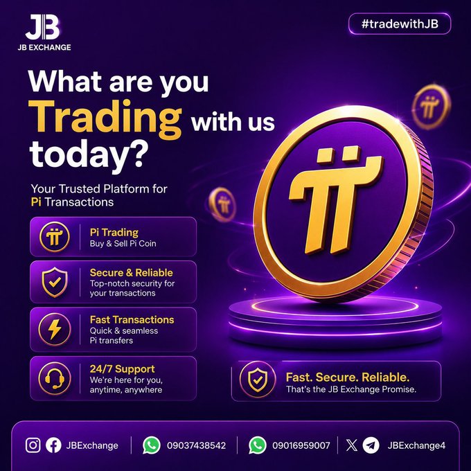 A purple promotional graphic for 'JB JB Exchange' advertising Pi Trading, Secure & Reliable, Fast Transactions, and 24/7 Support, featuring a prominent Pi cryptocurrency coin and contact details including '09037438542' and '09016959007'.