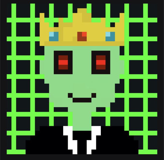 Pixel art image of a green alien-like character with a yellow crown, red eyes, and a fanged smile against a green grid background.