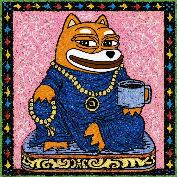 A colorful, textured artwork depicting a Shiba Inu dog sitting in a meditative pose, wearing blue robes, a gold chain, and holding a mug.