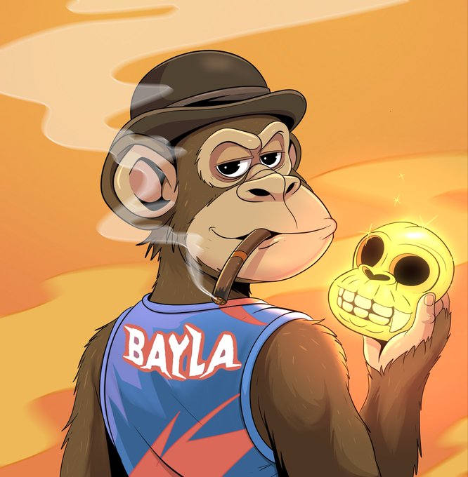 A cartoon monkey wearing a bowler hat and a blue "BAYLA" jersey smokes a cigar while holding a golden skull, embodying the bold, rebellious aesthetic of the $BAYLA brand. The image visually reinforces the "Real. Original. Unmatched." tagline, presenting BAYLA as a confident, one-of-a-kind crypto icon.