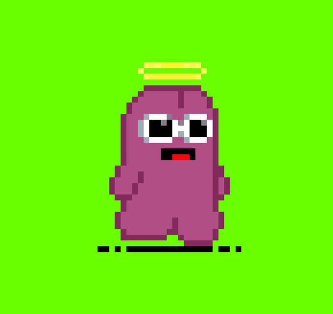 Pixel art of a purple character with large eyes, a small red mouth, and a golden halo, set against a bright green background.