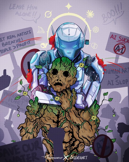 A digital illustration by 'Kennendemit' and 'Hidexart' shows a futuristic armored figure with a halo standing behind a tree-like creature, surrounded by protest signs reading 'LEAVE HIM ALONE!!', 'AI SUCKS', 'HUMAN ART > AI SLOP', 'LET REAL ARTISTS BREATHE! PEOPLE > PROFIT', and 'SAVE OUR WATER'.