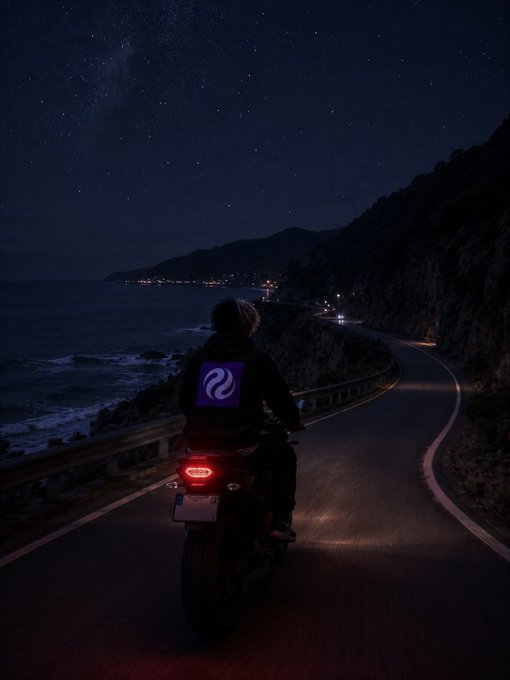The image shows a person riding a motorcycle down a road at night with a starry sky above them. The rider is wearing a black jacket that has a purple logo on it. The scene takes place near a body of water, possibly an ocean or a lake, and there are mountains in the background. The post about @injective being viewed only through a "trading chain" lens suggests that people might be overlooking the importance of this particular image due to its content or context.