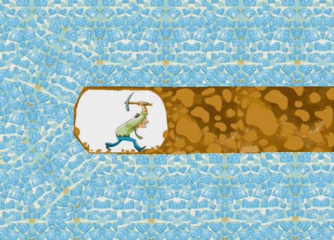 A cartoon-style illustration of a person in a green shirt and blue pants swinging a pickaxe while mining through dirt into a blue tiled background.
