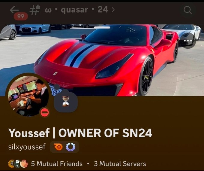 The image shows a Discord profile for "Youssef | OWNER OF SN24" with username "silxyoussef," featuring a red Ferrari as his profile banner and a smaller photo of him inside a luxury vehicle, set against the server name "quasar." The post warns about red flags in the SN (Serial Number) investing community, suggesting the flashy wealth display and ownership claims in Youssef's profile exemplify the kind of superficial presentation that should make investors skeptical of grifters pushing schemes like those involving $TAO.