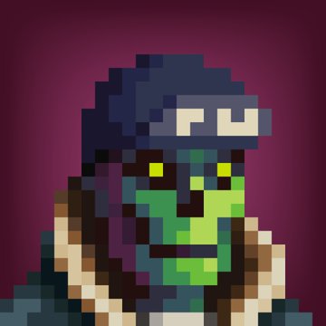 A pixel art portrait of a green-skinned character with yellow eyes wearing a dark blue beanie and scarf against a purple background.