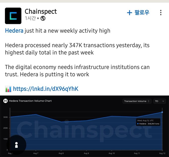 A LinkedIn post by Chainspect titled 'Hedera just hit a new weekly activity high,' noting that Hedera processed nearly 347K transactions yesterday, accompanied by a 7-day Hedera Transaction Volume Chart.