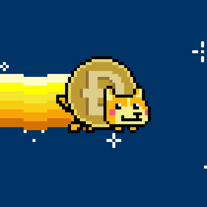 The image features a cartoon-like cat standing in the air with an upside-down coin attached to its back. The cat appears to be looking down at the coin. The caption for this image states that Nyan Dogecoin, a cryptocurrency, has been listed for 2 ETH (Ethereum). The reference is made to Genesis and a post about it, which implies that the image is related to a discussion or promotion of Nyan Dogecoin.