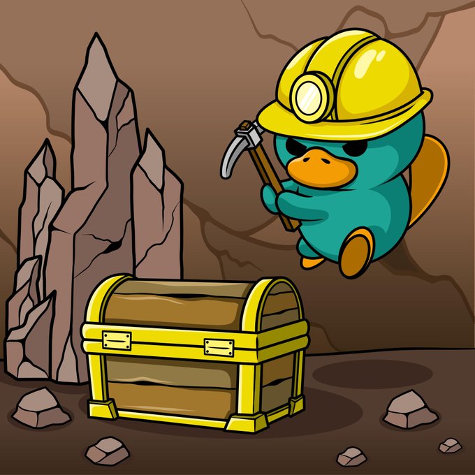 A cartoon miner duck wearing a yellow hard hat with a headlamp swings a pickaxe in a rocky cave toward a golden treasure chest. The image visually represents the post's announcement of a "Lucky Pick" mining event, where the adventurer-miner has struck rewards across all three Trove tiers and continues chasing rebuilding prizes.