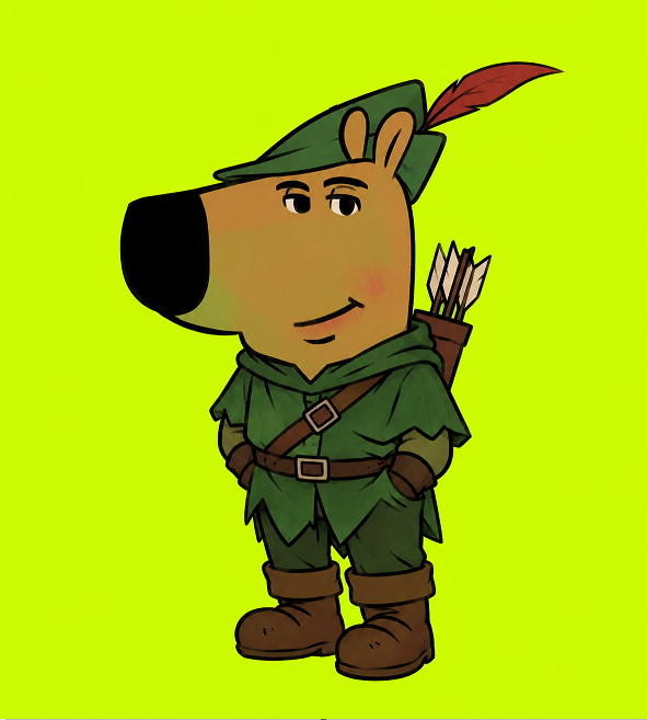 A digital illustration of an anthropomorphic bear character dressed as an archer, wearing a green Robin Hood-style outfit with a feathered hat and a quiver of arrows on its back, against a bright yellow-green background.