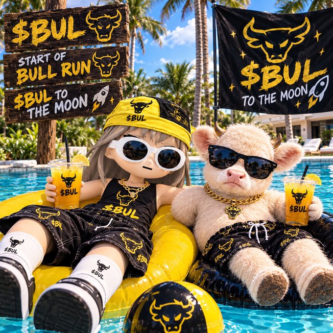 A stylized illustration features a young girl in sunglasses and a plush bull, both wearing sunglasses and $BUL-themed merchandise, lounging by a pool with drinks and signs promoting "$BUL START OF BULL RUN" and "$BUL TO THE MOON."