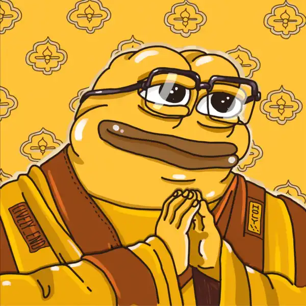 An illustration of a frog character wearing glasses, a brown robe, and a yellow robe with patches reading 'MINTU' and 'E-101', posed with hands clasped against a yellow patterned background.