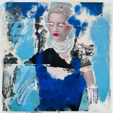 A mixed-media portrait painting of a stylized blonde woman in a blue dress with a jeweled collar, set against a textured blue and white background, representing one of the limited edition artwork drops (62/100 remaining) from eyeline.ninfa.io being released to collectors.