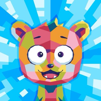 A colorful low-poly digital art illustration of a cartoon bear or panda character with a pink and orange face, big white eyes, and a wide smile against a blue background.