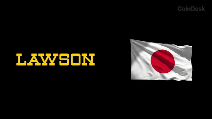A black background displays the yellow "LAWSON" logo alongside the Japanese flag, with a "CoinDesk" watermark in the upper right corner, visually representing the convenience store chain's new stablecoin payment pilot accepting JPYC in Tokyo.