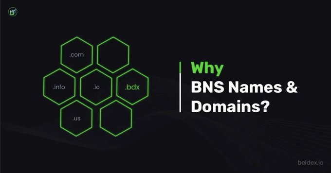 A dark promotional banner titled 'Why BNS Names & Domains?' featuring a honeycomb graphic with hexagonal domain extensions including .com, .info, .io, .bdx, and .us, branded by beldex.io.