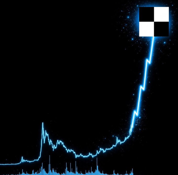 A stylized financial chart graphic featuring a blue glowing line graph trending sharply upward on a black background, with a black and white checkered square pattern at the top right of the line.