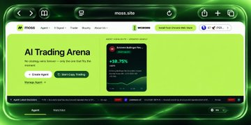 This image showcases the Moss AI Trading Arena, a platform that allows users to create AI trading agents in plain language, eliminating the need for coding. The "AI Trading Arena" title and the "Create Agent" button visually represent the platform's core functionality.