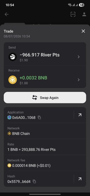 A cryptocurrency trade confirmation screen showing a swap of -966.917 River Pts ($1.90) for +0.0032 BNB ($1.88) on the BNB Chain network, dated 08/07/2026.