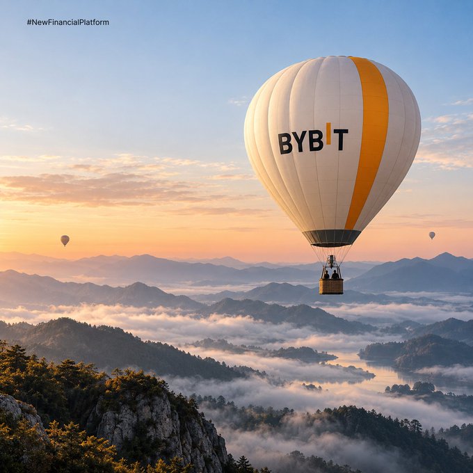A promotional image for ByBit showing the exchange's logo on a hot air balloon floating over a misty mountain landscape at sunrise, tagged with '#NewFinancialPlatform'.