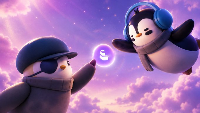 Two animated 3D penguin characters in a pink/purple cloudy sky scene, one wearing an eye patch and beanie, the other wearing blue headphones and a scarf, both reaching toward a glowing purple orb.
