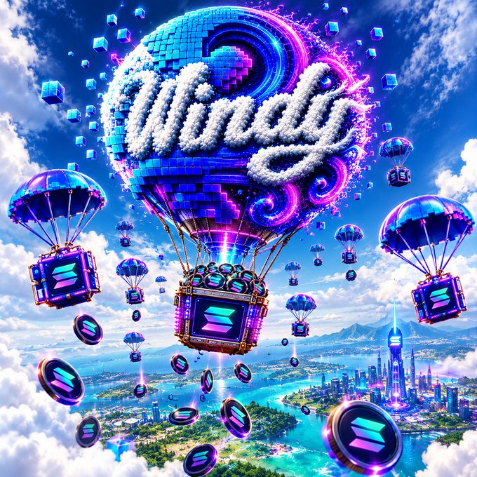 A vibrant digital artwork featuring a disco-ball-like sphere with the word 'crypto' across it, floating hot air balloons carrying Solana (SOL) logos above a futuristic cityscape.