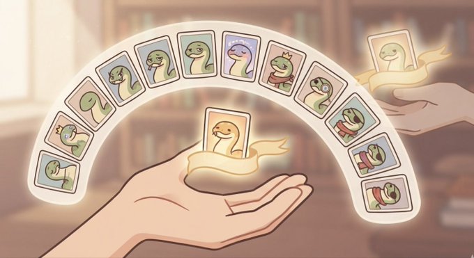 An illustration shows hands exchanging a snake-themed tarot card, with an arc of snake cards fanned above against a blurred library background.