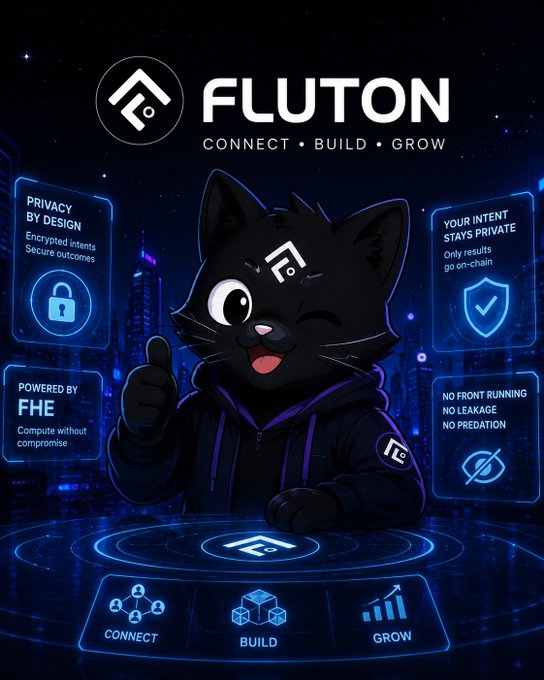 A promotional graphic for 'FLUTON' featuring a cartoon black cat mascot in a hoodie, with the tagline 'CONNECT • BUILD • GROW' and highlights including 'PRIVACY BY DESIGN,' 'POWERED BY FHE,' and 'YOUR INTENT STAYS PRIVATE.'