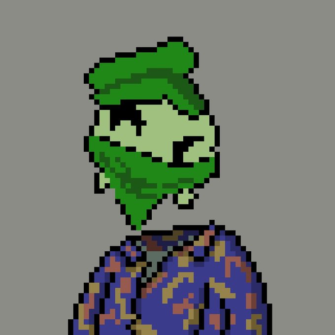 A pixel art illustration depicts a green-skinned character with dark eyes wearing a green cap and a patterned blue and orange shirt against a gray background.
