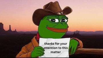 The image shows a cartoon character, likely an anthropomorphized frog wearing a cowboy hat and holding up a piece of paper with text written in English. The phrase "Thank you for your attention to this matter" is printed on the paper held by the frog. In the background, there are two mountains visible under a cloudy sky, which creates a scenic setting for the cartoon character. The caption below the image provides further context about the post content and its relationship to the image.