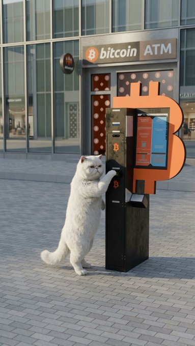 A white cat stands on its hind legs leaning against a Bitcoin ATM, which features an orange 'B' logo design and is situated outside a modern glass building.