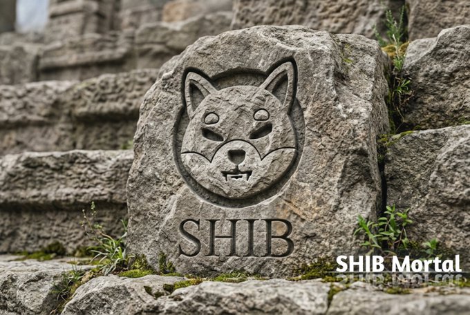 A weathered stone engraved with the Shiba Inu mascot and "SHIB" stands among ancient rocks, symbolizing the project's enduring, quietly-built foundation. The "SHIB Mortal" watermark appears in the corner, reinforcing the post's theme of resilience and steady community commitment during overlooked, low-noise periods.