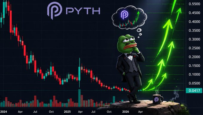 The image features a cartoon frog wearing a suit, standing on a rock with its head tilted upwards as if pondering something or posing for a photo. The frog's position and expression suggest that it might be contemplating the future of the cryptocurrency market or considering investing in the Pyth token. The text "Good night, friends" implies a sense of camaraderie among crypto enthusiasts, while the phrase "I'm interested in the performance of the Pyth (Pyth Network @PythNetwork)" highlights the frog's interest in the Pyth token and its potential impact on the market growth.