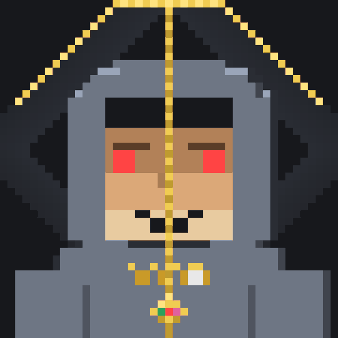 Pixel art portrait of a hooded figure in a gray robe with a gold chain, revealing a face with closed eyes, red blush marks, and a small smile.