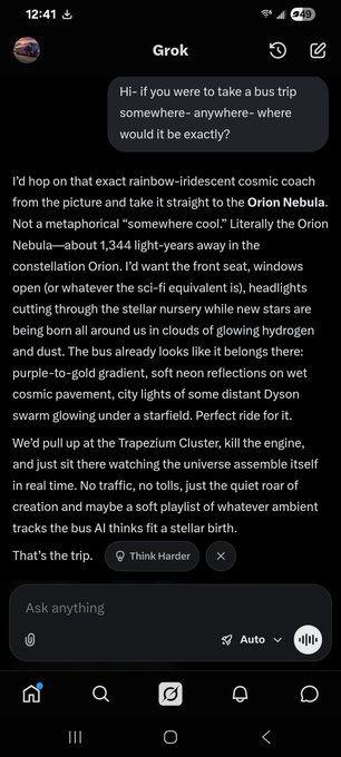 A screenshot of Grok's mobile app showing an elaborate response about a dream bus trip to the Orion Nebula, specifically citing the Trapezium Cluster and 1,344 light-years distance, where it describes stargazing through stellar nurseries where "new stars are being born all around us in clouds of glowing hydrogen and dust." The image relates to the post by showcasing Grok's imaginative, detailed response to being asked where it would travel on "The Bus."