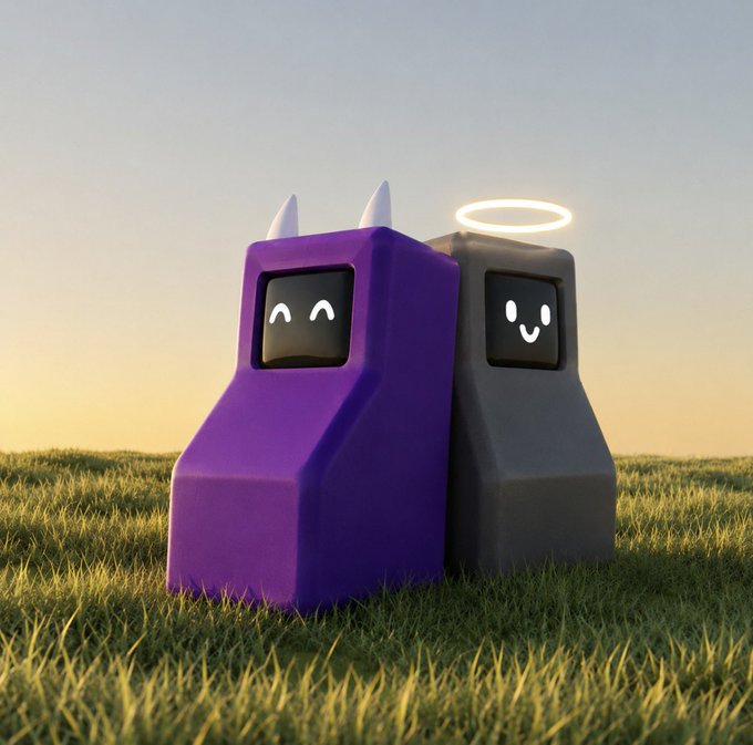 Two stylized arcade cabinet-like figures with cute screen faces sit together on a grassy hill; one is purple with devil horns, the other is black with a glowing halo against a sunset sky.
